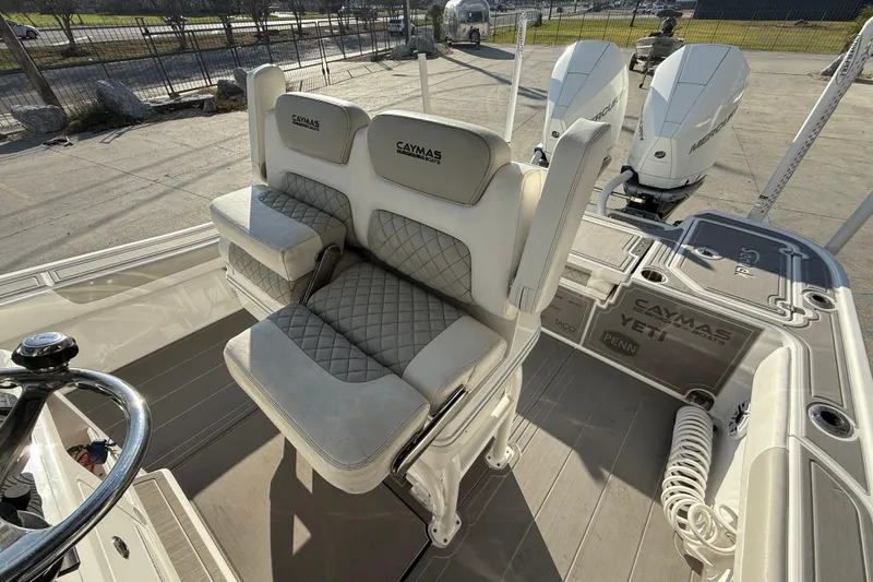 Slide: The Image of 2022 Caymas 28 HB Twin boat deck with Mercury engines and SeaDek flooring. - 14