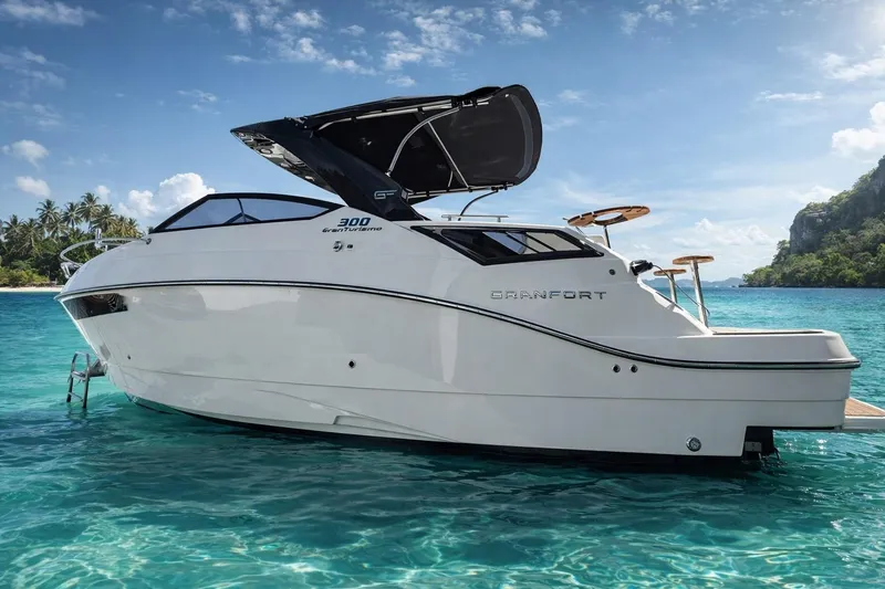 Slide: The Image of Luxury Granfort 300 GTS yacht, 2026 model, docked in tropical waters. - 0