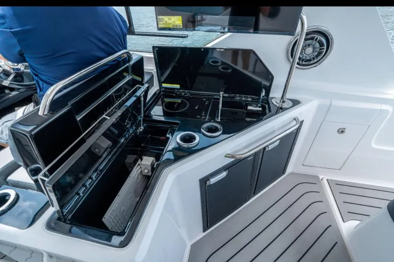 Slide: The Image of 2026 Granfort 37 GTX yacht interior with modern seating and sleek design. - 9