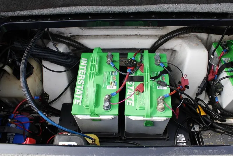 Slide: The Image of Battery compartment of a 2015 Nitro Z-9 boat with Interstate batteries and wiring. - 27
