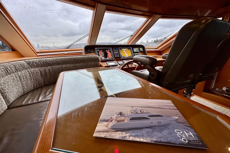 Slide: The Image of Luxurious 2013 Hampton 620 Pilothouse yacht interior with navigation controls and seating area. - 16