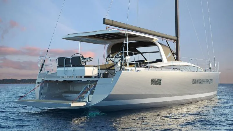 Slide: The Image of 2024 Jeanneau 65 yacht on calm water at sunset, showcasing sleek design and modern features. - 3