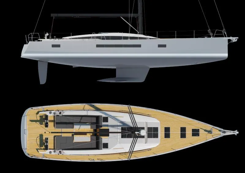 Slide: The Image of 2024 Jeanneau 65 yacht, side and top view, showcasing sleek design and spacious deck layout. - 5