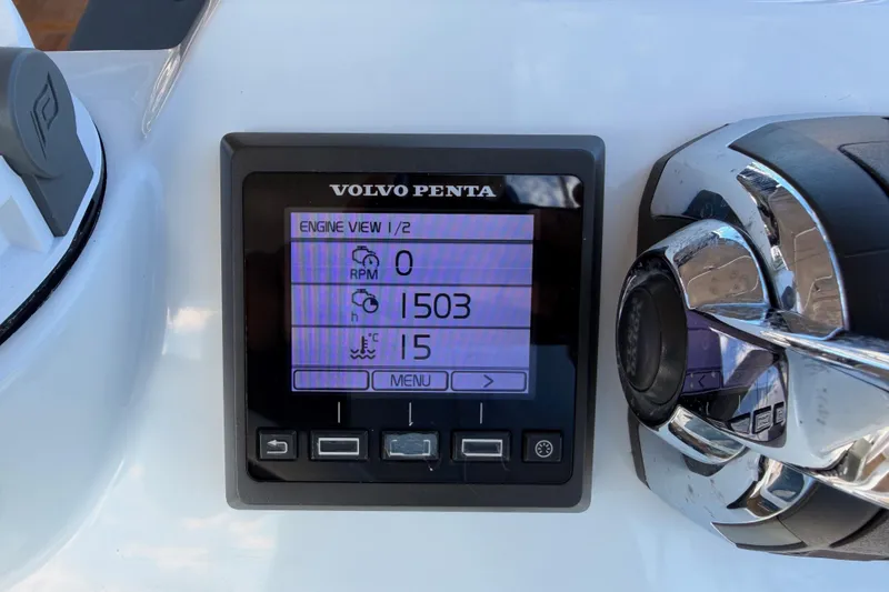 Slide: The Image of Volvo Penta engine display on 2015 Beneteau Oceanis Yacht 60, showing RPM and temperature. - 94