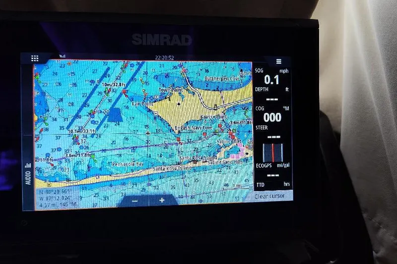 Slide: The Image of Simrad navigation display on Jeanneau Merry Fisher 795, 2017 model, showing nautical chart. - 25