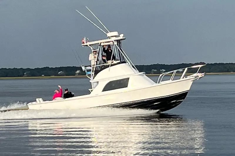 The Image of 1976 Bertram Flybridge Cruiser on calm water, with passengers enjoying the ride. - 0