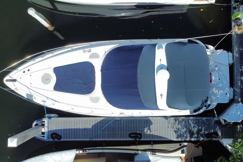 Slide: The Image of Aerial view of 2007 Cruisers Yachts 370 Express docked at marina. - 63