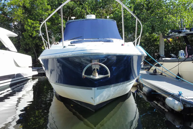 Slide: The Image of 2007 Cruisers Yachts 370 Express docked, front view with lush greenery background. - 16