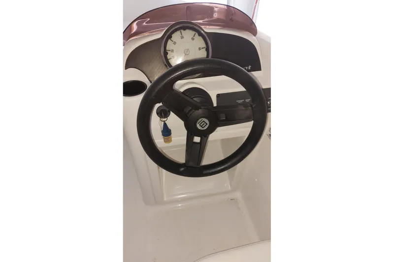 Slide: The Image of 2023 Bayliner Element E18 steering wheel and dashboard close-up. - 11