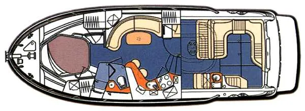 Slide: The Image of Luxurious cabin interior of 1999 Sea Ray 370 Sundancer with patterned bedding and TV. - 16