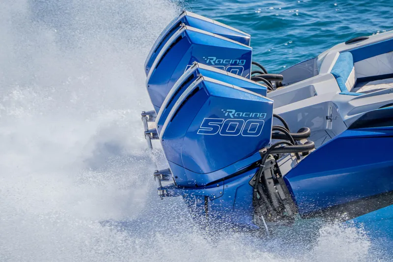 Slide: The Image of 2026 Nor-Tech 4000 Super Catamaran with dual Racing 500 engines on water. - 94