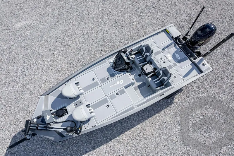Slide: The Image of 2026 G3 Sportsman 1910 SE fishing boat, aerial view on gravel surface. - 58