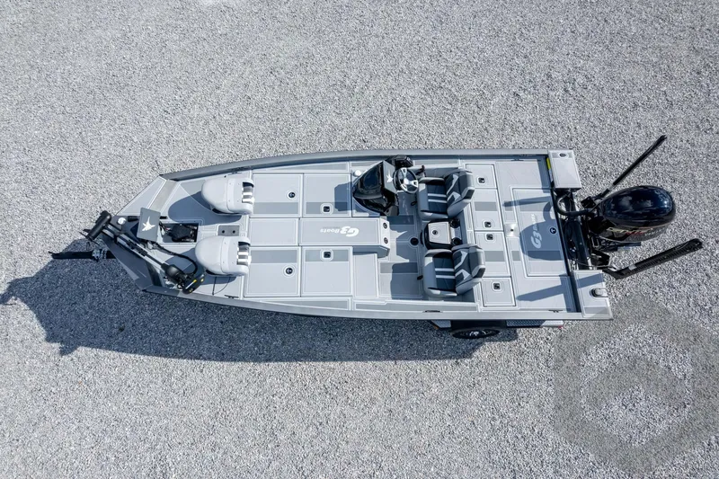 Slide: The Image of 2026 G3 Sportsman 1910 SE boat, aerial view, gray deck, dual seating, outboard motor. - 59
