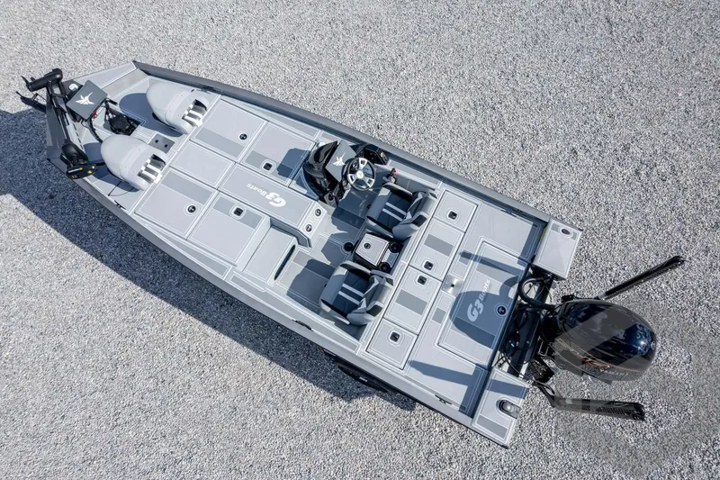 Slide: The Image of 2026 G3 Sportsman 1910 SE fishing boat, aerial view on gravel surface. - 60