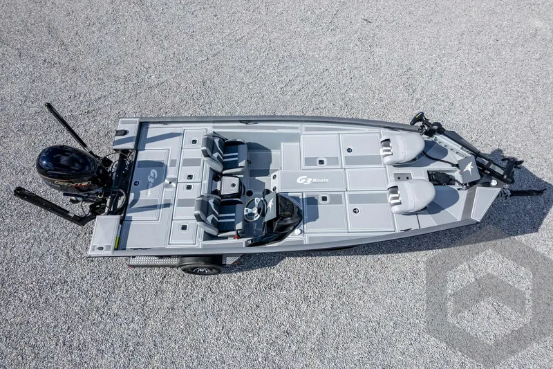 Slide: The Image of 2026 G3 Sportsman 1910 SE boat, aerial view, gray deck, dual seating, outboard motor. - 63