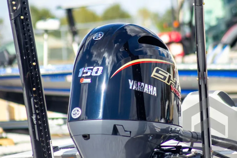 Slide: The Image of 2026 G3 Sportsman 1910 SE with Yamaha 150 outboard motor, close-up view. - 8