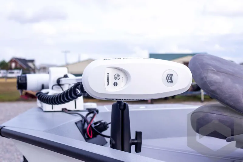 Slide: The Image of 2026 G3 Bay 21 GX boat with Terrova trolling motor, close-up view. - 17