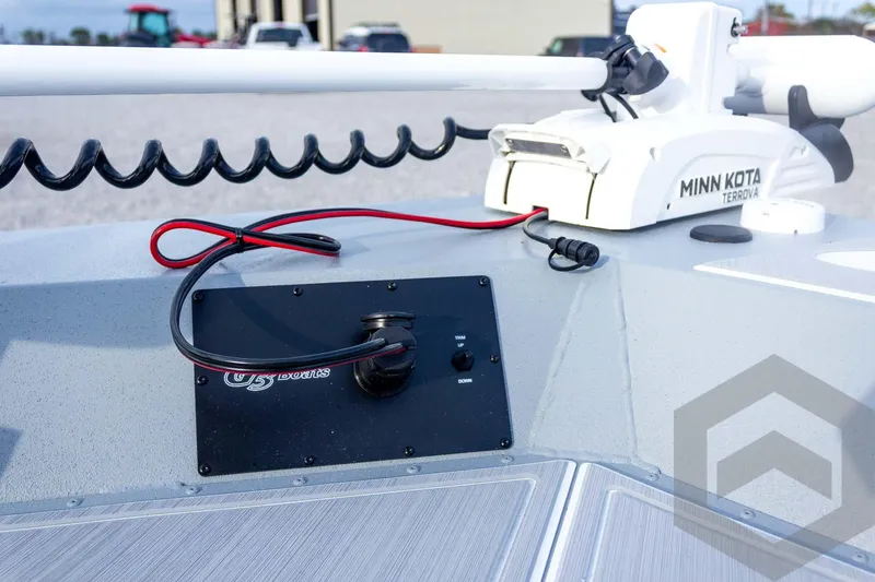 Slide: The Image of 2026 G3 Bay 21 GX boat with Minn Kota Terrova trolling motor on deck. - 33