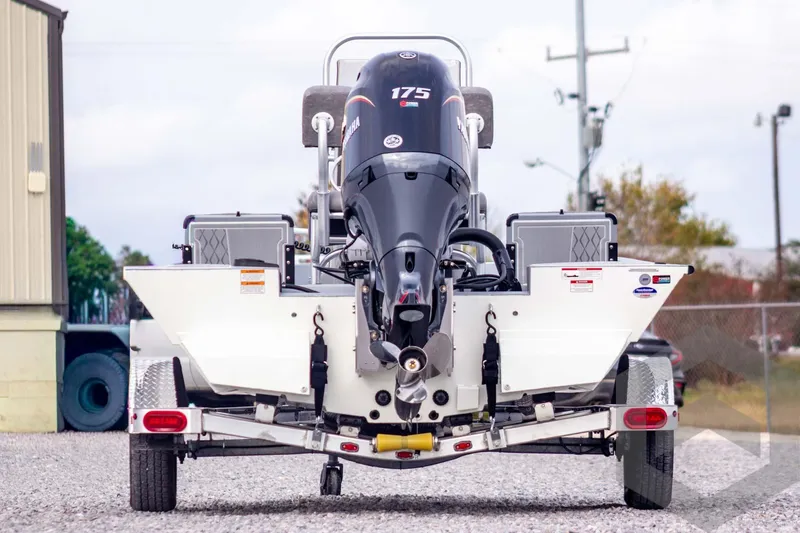 Slide: The Image of 2026 G3 Bay 21 GX boat with Yamaha 175 engine on trailer, rear view. - 5
