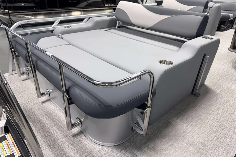Slide: The Image of 2026 Avalon LSZ 2385 Entertainer boat seating with sleek gray upholstery and stainless steel accents. - 3