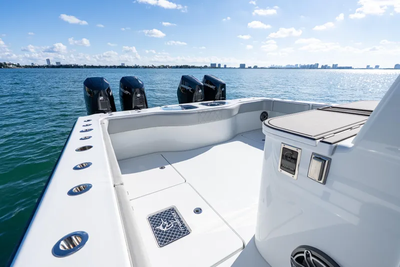 Slide: The Image of 2022 Freeman 43 boat deck with ocean view under clear blue sky. - 34