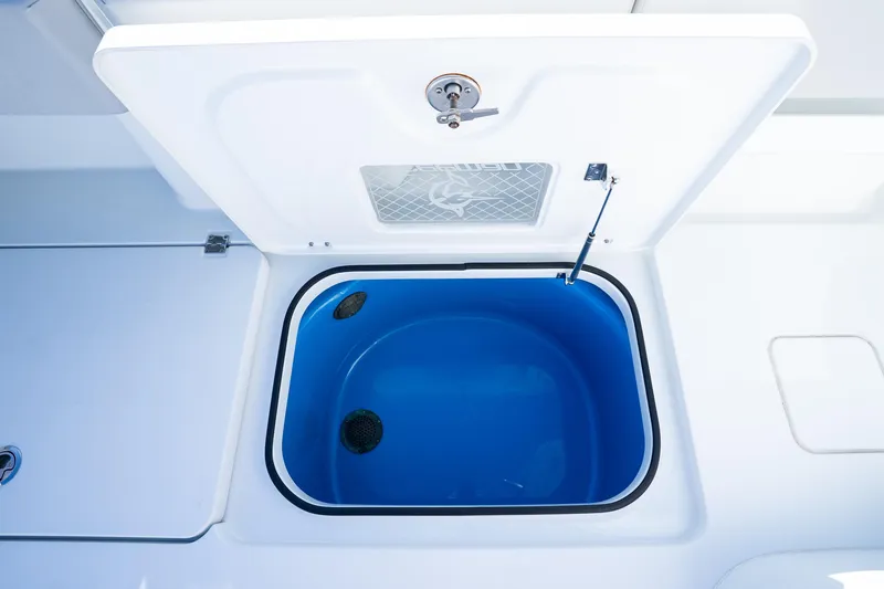 Slide: The Image of Open hatch on 2022 Freeman 43 boat, revealing blue interior compartment. - 36