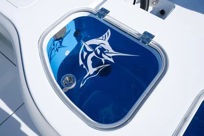 Slide: The Image of Freeman 43 boat with dual livewells and Mercury engines, 2022 model. - 43