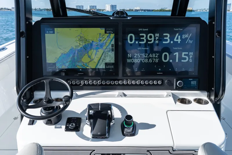 Slide: The Image of 2022 Freeman 43 boat interior with ocean view through windshield. - 55