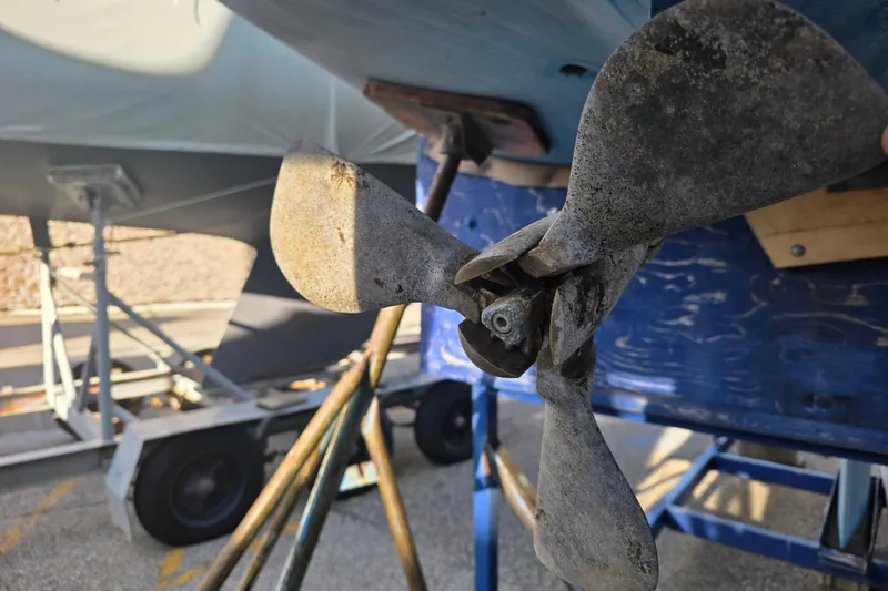 Slide: The Image of Propeller of 1985 Express Yachting Express 30 sailboat on dry dock. - 26
