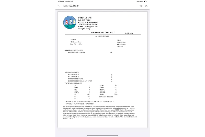 Slide: The Image of 1985 Express Yachting Express 30 handicap certificate, PHRF-LE, yacht measurements, cruising credits. - 39