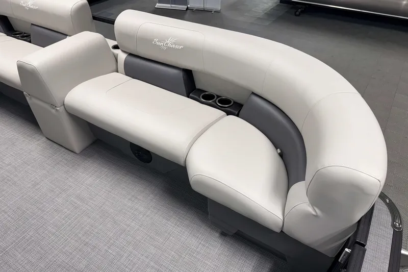 Slide: The Image of Luxurious seating on 2026 SunChaser Vista 16 LR pontoon boat with cup holders. - 13
