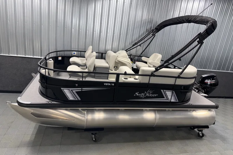 The Image of 2026 SunChaser Vista 16 Fish pontoon boat with sleek design and comfortable seating. - 1