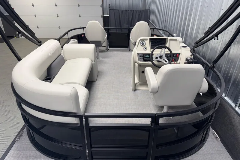 Slide: The Image of 2026 SunChaser Vista 16 Fish pontoon boat interior with modern seating and helm. - 3
