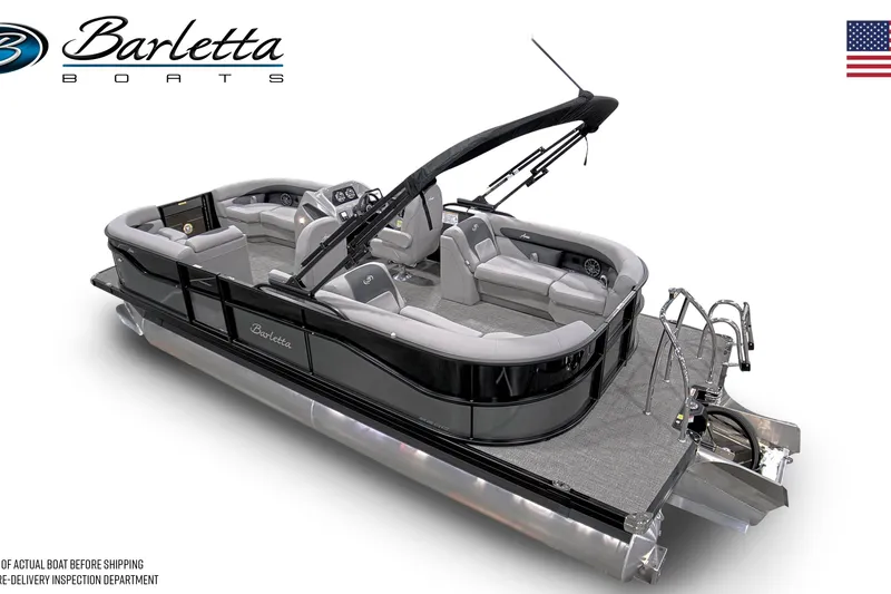 Slide: The Image of 2026 Barletta A22QC pontoon boat with sleek design and luxurious seating. - 2