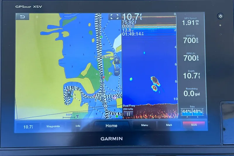 Slide: The Image of Garmin GPS display on 2019 Scout 275 LXF, showing navigation and sonar data. - 42