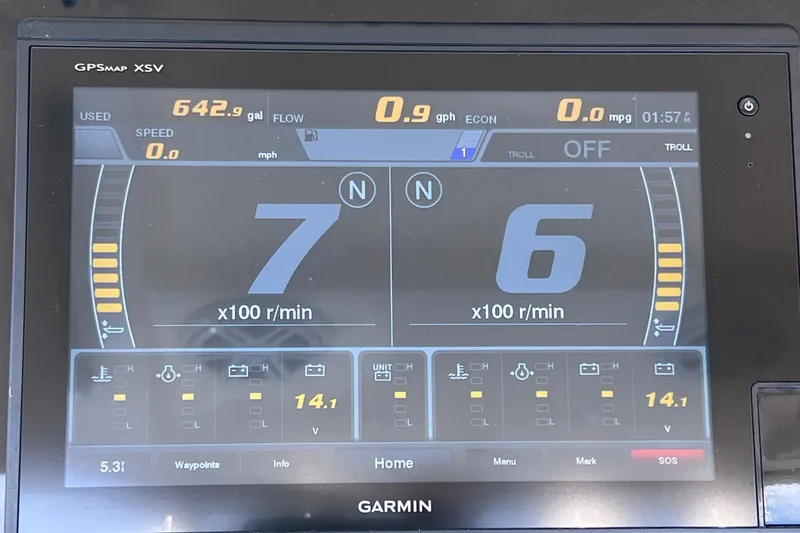 Slide: The Image of Garmin GPS display on 2019 Scout 275 LXF showing engine and fuel data. - 43