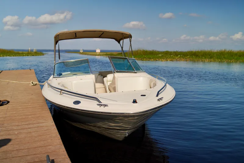 Slide: The Image of 1995 Sea Ray 200 Bow Rider docked on a serene lake under a clear blue sky. - 4
