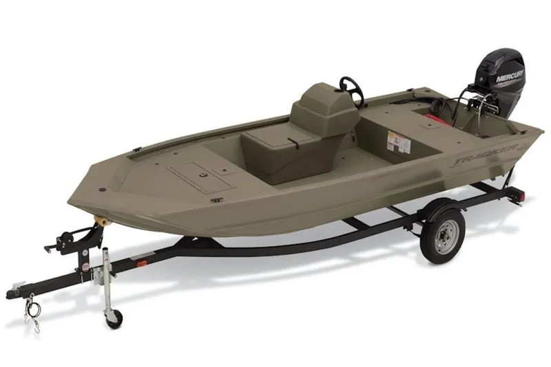 The Image of 2026 Tracker Grizzly 1648 S boat on trailer, featuring a Mercury outboard motor. - 1
