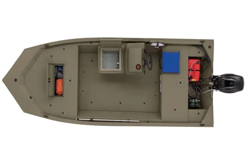 Slide: The Image of Top view of 2026 Tracker Grizzly 1648 S boat, showcasing interior layout and motor. - 6