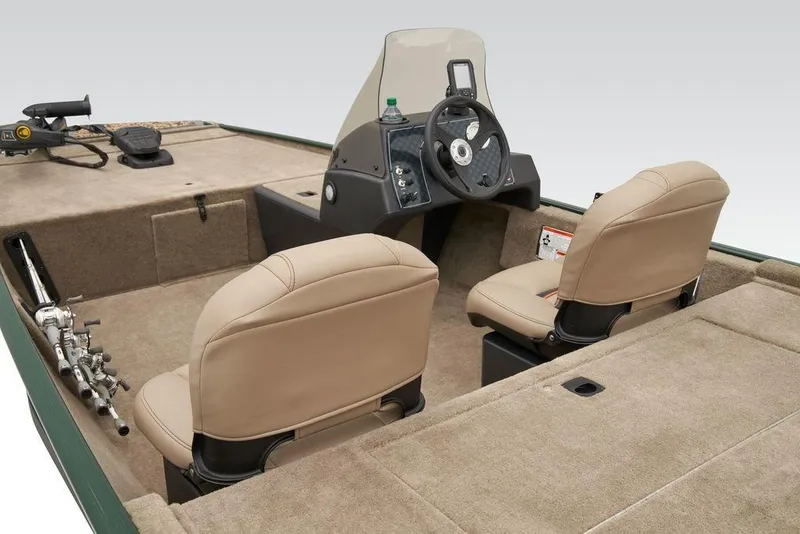 Slide: The Image of 2025 Tracker Bass Tracker Classic Limited boat interior with beige seats and fishing rod holders. - 18