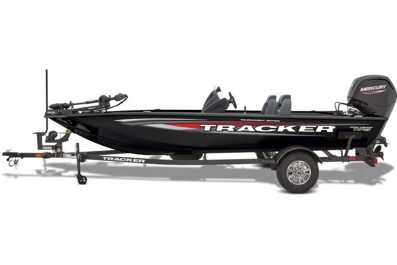 The Image of 2026 Tracker Pro Team 175 TXW fishing boat on trailer, side view. - 0