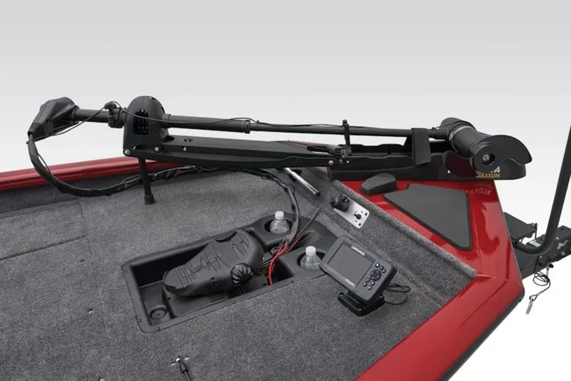 Slide: The Image of 2026 Tracker Pro Team 175 TXW boat deck with trolling motor and control panel. - 9