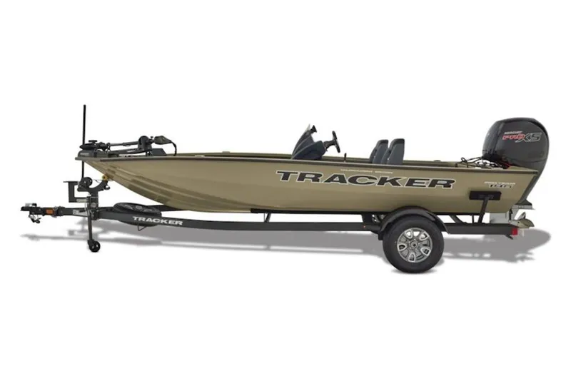 The Image of 2026 Tracker Pro Team 195 boat on trailer, side view, beige color. - 0