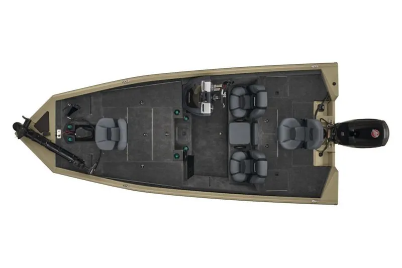 Slide: The Image of Top view of 2026 Tracker Pro Team 195 fishing boat with seating and motor. - 4