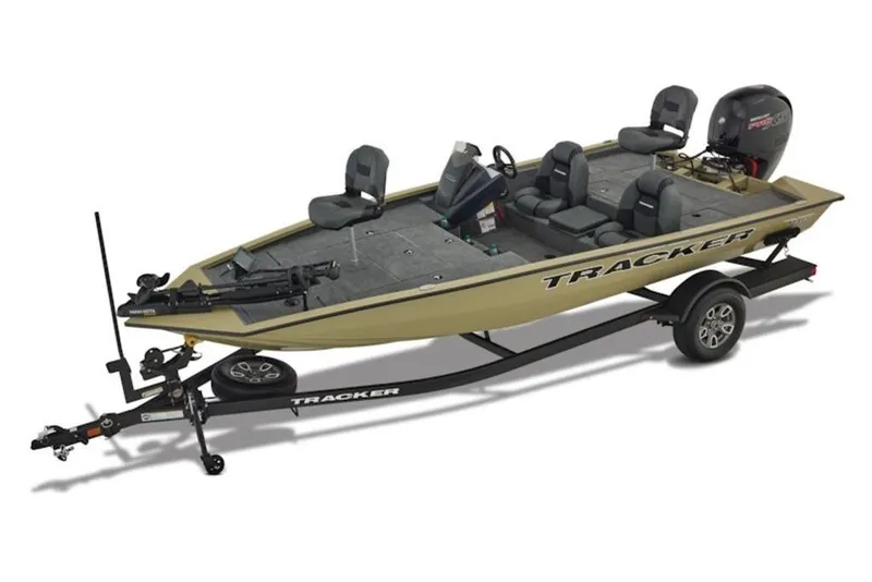 Slide: The Image of 2026 Tracker Pro Team 195 fishing boat on trailer, featuring spacious seating and modern design. - 6