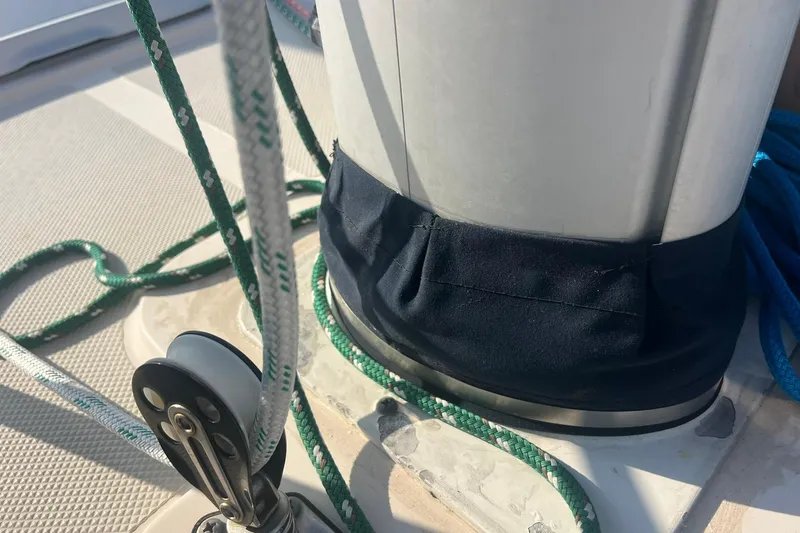 Slide: The Image of Close-up of rigging on a 1994 Island Packet 44 cutter sailboat deck. - 20