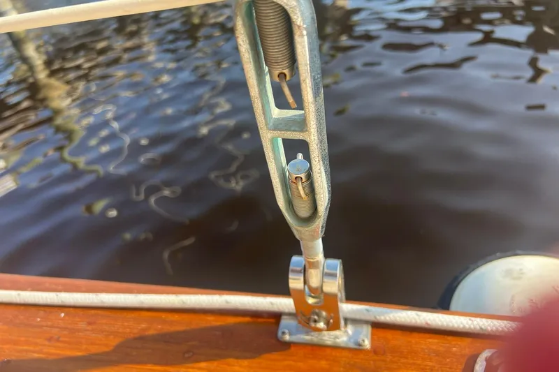 Slide: The Image of Close-up of rigging hardware on a 1994 Island Packet 44 cutter sailboat. - 36