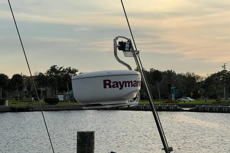 Slide: The Image of Radar equipment on a 1994 Island Packet 44 cutter sailboat at sunset. - 51