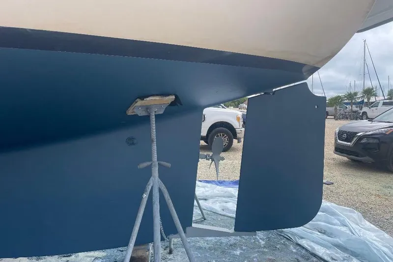 Slide: The Image of Bottom view of a 1994 Island Packet 44 cutter sailboat on a stand. - 58