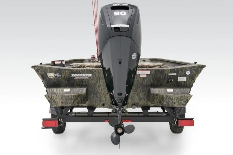 Slide: The Image of 2026 Tracker Grizzly 1860 Center Console boat with Mercury 90 engine, rear view. - 4